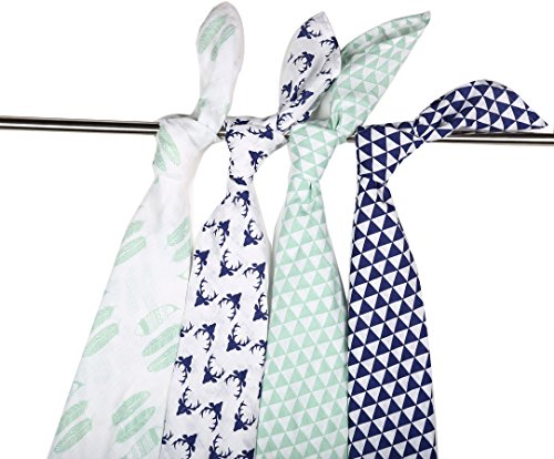 Bacati Noah Tribal Buck/Feathers/Triangles 4 Piece Cotton Muslin Swaddling Blankets, Aqua