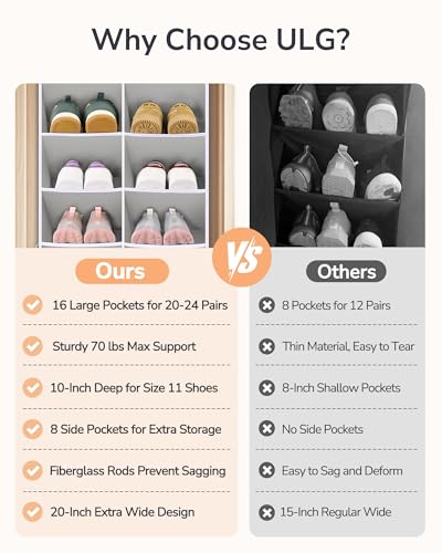 ULG Closet Shoe Organizer Fits 16-24 Pairs with Large Deep Pockets Narrow Shoe Rack Hanging Door Boot Rack Grey