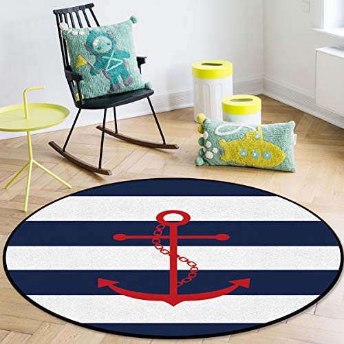 OneHoney-Round-Area-Rugs-Nautical-Red-Anchor-Sailor-Indoor-Entryway-Doormat-Throw-Runner-Rug-Floor-Carpet-Pad-Yoga-Mat-for-Living-Room-Bedroom-Blue-and-White-Stripes-3Feet OneHoney Round Area Rugs, Nautical Red Anchor Sailor Indoor Entryway Doormat Throw Runner Rug Floor Carpet Pad Yoga Mat for Living Room Bedroom Blue and White Stripes 3Feet