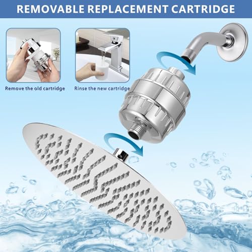 Voolan Rain Shower Head and Shower Filter Set, High Pressure Shower Heads Made of Stainless Steel, Filter Cartridge for Hard Water (20 cm, Circular)