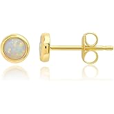 MAX + STONE Solid 14k Gold Bezel Set Round Small 4mm Created Opal Stud Earrings for Women with Push Backs October Birthstone Yellow Gold Earrings
