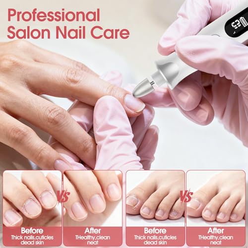 Electric Nail Drill,Professional Manicure Pedicure, Portable Cordless Rechargeable Nails File Machine for Gel/Acrylic/Natural/Thick Toe Nails with 10 Adjustable Speed 15000RPM 10 Bits 60 Sanding Bands