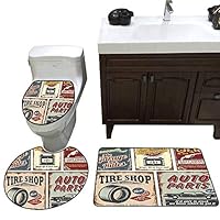 Sillgt Bathroom Rug Set,1950s Decor Collection Vintage Car Metal Signs Automobile Advertising Repair Vehicle Garage Servicing Image,Custom Made Rug Set,Burgundy