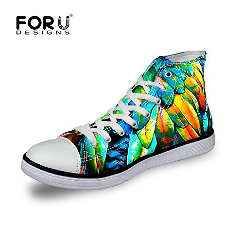 FOR U DESIGNS Cute Parrot Feathers Print Women's Flat High Top Running Sneaker Lace Up US 9
