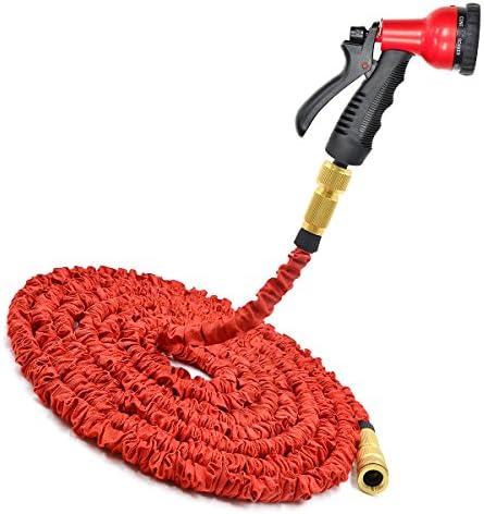 Deluxe Stronger Double Latex Inner Tube Prevent Leaking Strongest Flexible Solid Brass Garden Hose with Extra Strength Fabric and Professional Spray Gun Tap to Pressure Washer Suitable (Red)