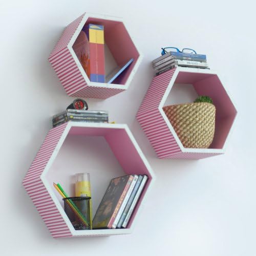 Trista - [Pink Beige Stripe] Hexagon Leather Wall Shelf / Bookshelf / Floating Shelf (Set of 3)