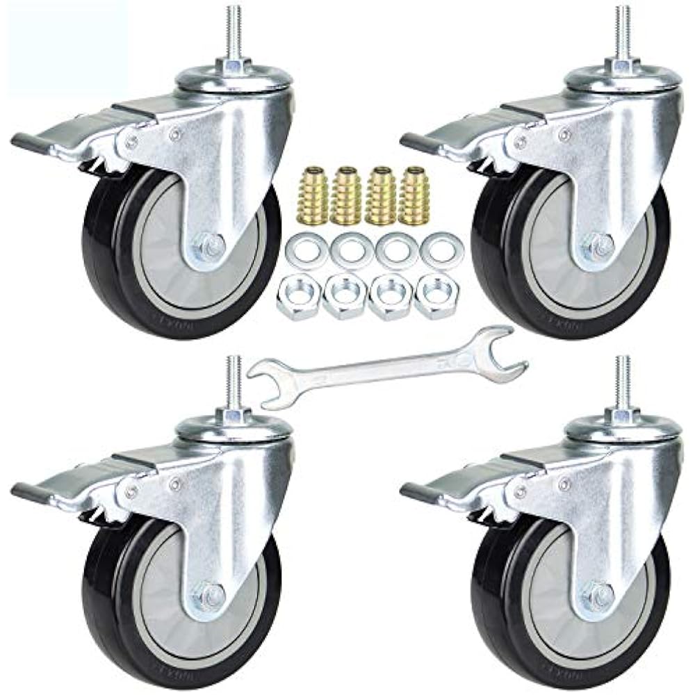 4 Inch Swivel Caster Wheels With Safety Dual Locking Set Of 4, Threaded