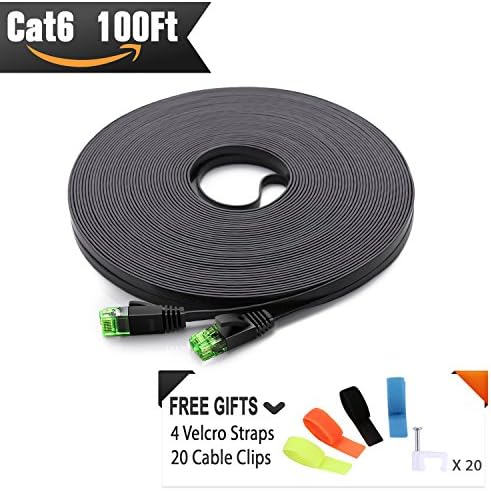 Cat 6 Ethernet Cable 100 ft Black (At a Cat5e Price but Higher Bandwidth) Flat Internet Network Cable - Cat6 Ethernet Patch Cable Short - Lan Computer Cable