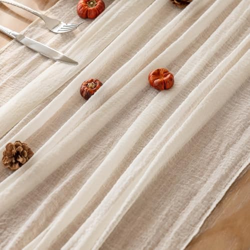 Cheesecloth Table Runner Ivory White Gauze Rustic Cheese Cloth Spring Table Runner for Wedding Baby Bridal Shower Birthday Party Long Sheer Boho Home Decorations, 35.4*118 Inch