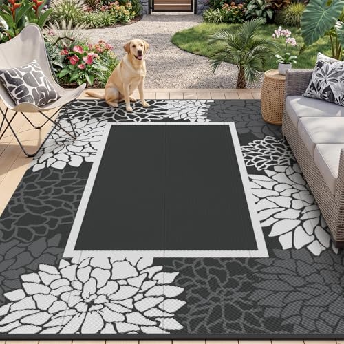 RESARE-Outdoor Rug-Patio Rug 8x10 ft RV Camping Floral Waterproof Mat Portable Outdoor Area Carpet for Deck Porch Picnic Balcony Backyard Beach Rugs Reversible Non Fading Black & White