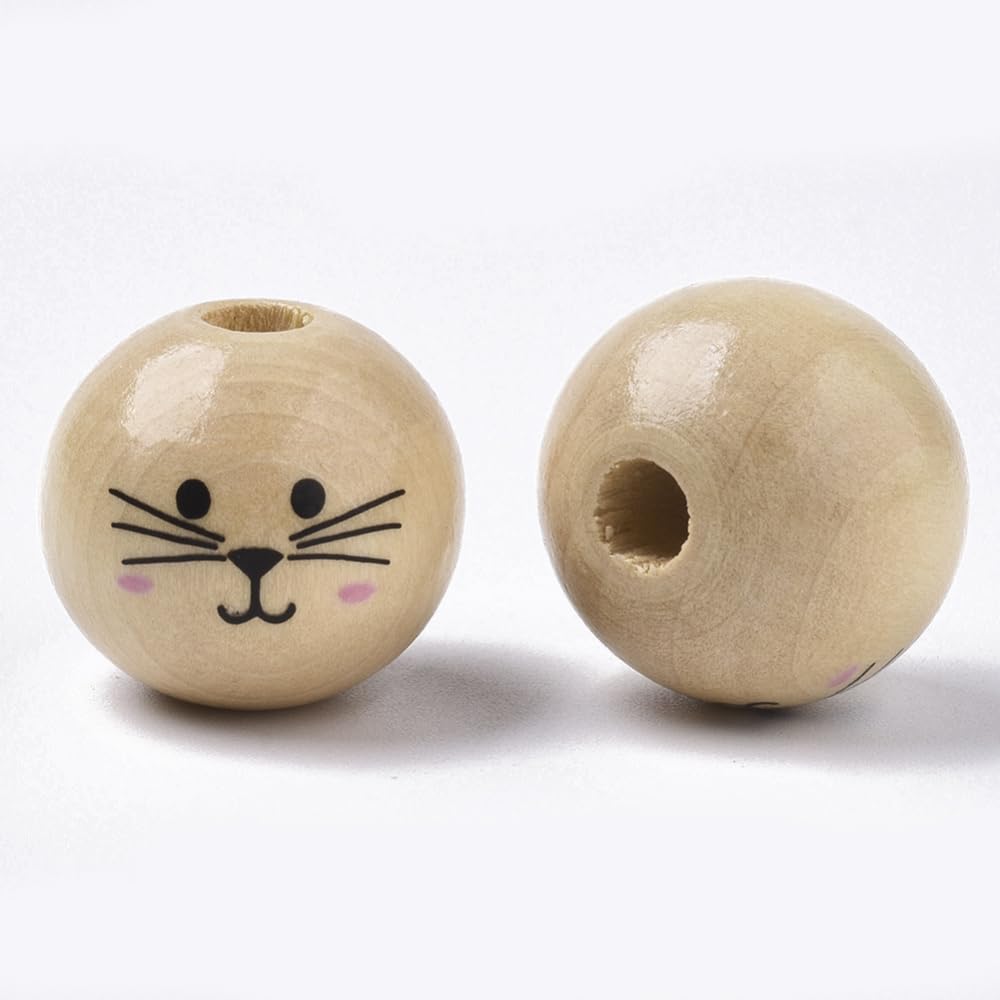 DanLingJewelry 190Pcs Random 20mm Unfinished Natural Wood Beads Wooden Cat Happy Face Print Round Beads for DIY Jewellery Making