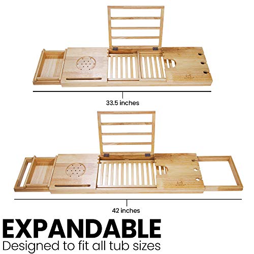 MOMONI Premium Luxury Wood Bathtub Caddy Tray with Expandable Side Holders Non Slip Bathtub Bed and Bath Table Tray with Book, Tablet, Cellphone Holder Him and Her Gift Idea - Thumbnail 2