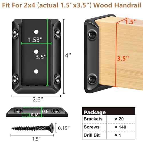 DN Mate 20 PCS Deck Railing Bracket Connectors for 2x4 (Actual 1.5”x3.5”) Wood Post to Handrail Connection, Sturdy Nylon Stair Fence Railing Connectors with Coated Wood Screws,Drill Bit