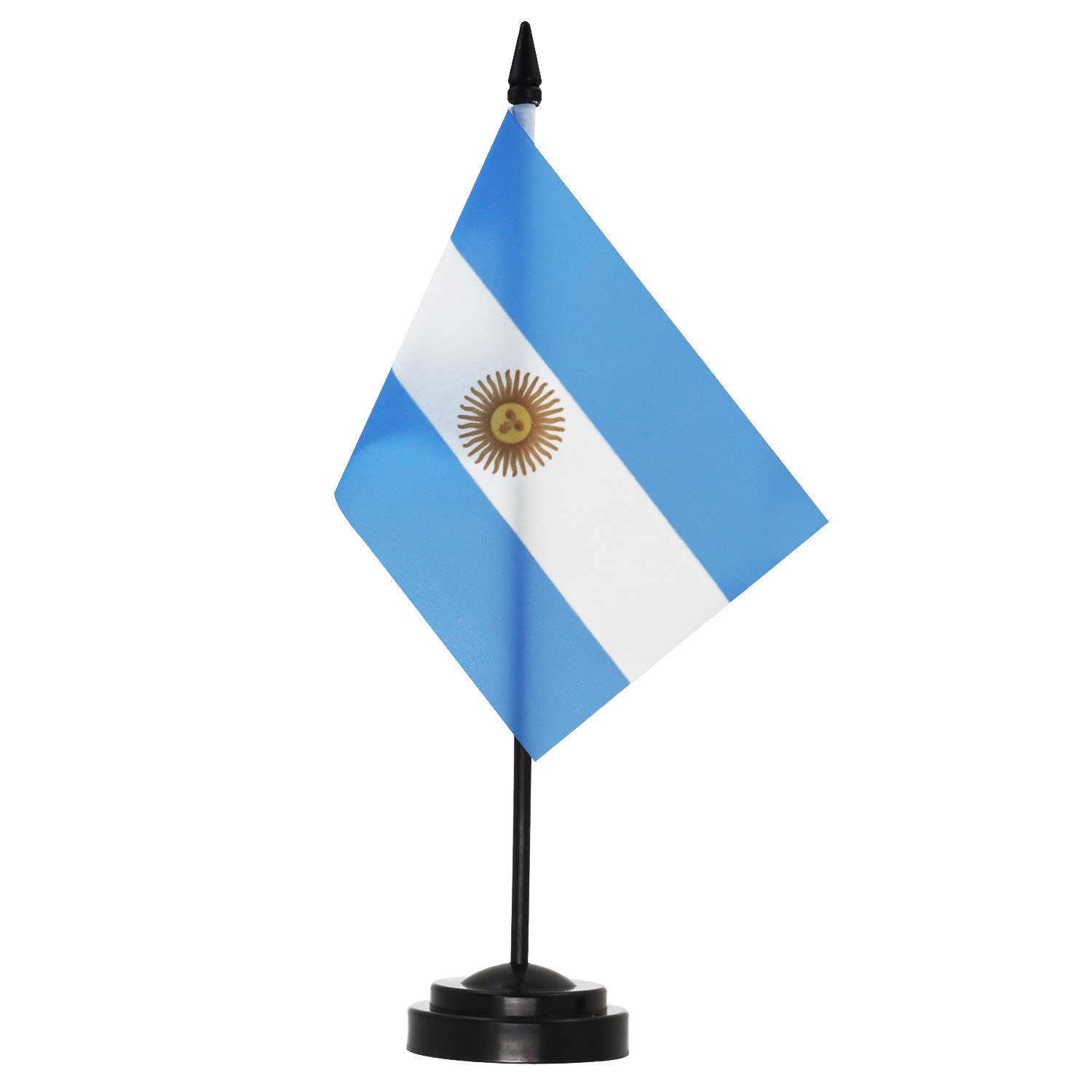 Photo 1 of Anley Argentina Deluxe Desk Flag Set - 6 x 4 Inch Miniature Argentine Desktop Flag with 12" Solid Pole - Vivid Color and Fade Resistant - Black Base and Spear Top