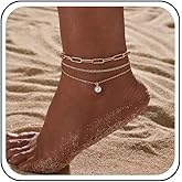 Erimberate Bohemian Layered Pearl Anklet Bracelet Paperclip Link Anklet Chain Gold Multi Layered Foot Chain Summer Pearl Beach Foot Chain Jewelry for Women