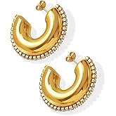 Niaspi C-Shaped Chunky Hoop Earrings for Women Girls Stainless Steel Cubic Zirconia 35mm Open Hoops Stud Earrings Fashion Ear Jewelry