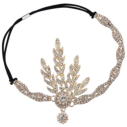 BABEYOND Art Deco 1920's Flapper Great Gatsby Inspired Leaf Medallion Pearl Headpiece Headband Gold