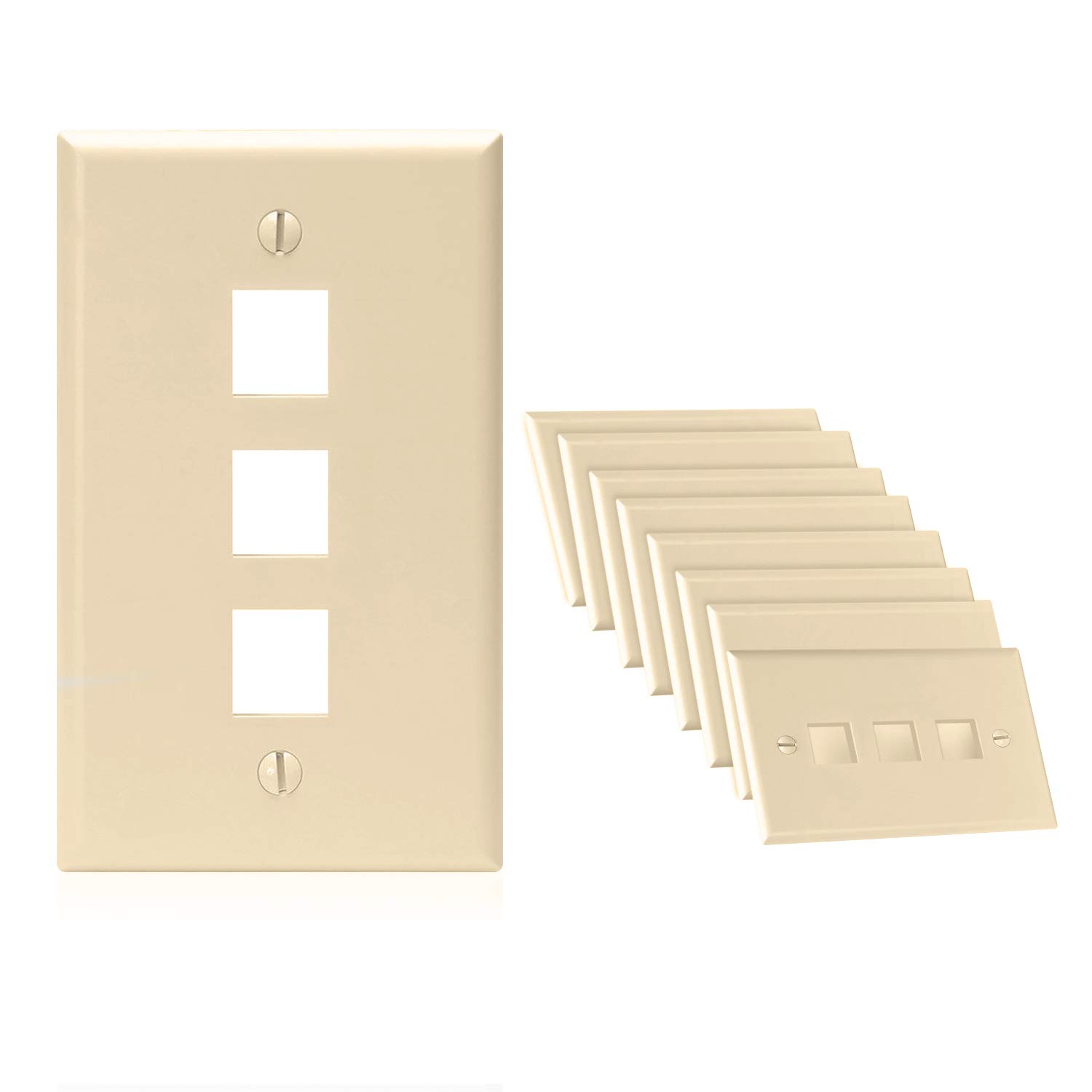 Cmple - 3 Port Ivory Keystone Wall Plate (10 Pack) with Standard Size Keystone Jack Plate Insert for RJ45, HDMI, USB, Coaxial & More