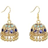 Gold Plated Indian Jhumki Bell Vintage Colorful Enamel Statement Dangle Drop Earrings for Women Boho Jhumkas Beaded Tassel Hook Dangling Bollywood Hypoallergenic Fashion Trendy Jewelry