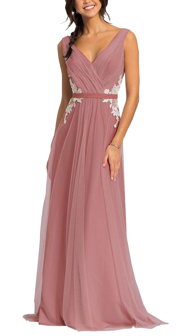 V Neck Long Bridesmaid Dresses Tulle Applique Backless Ruched Formal