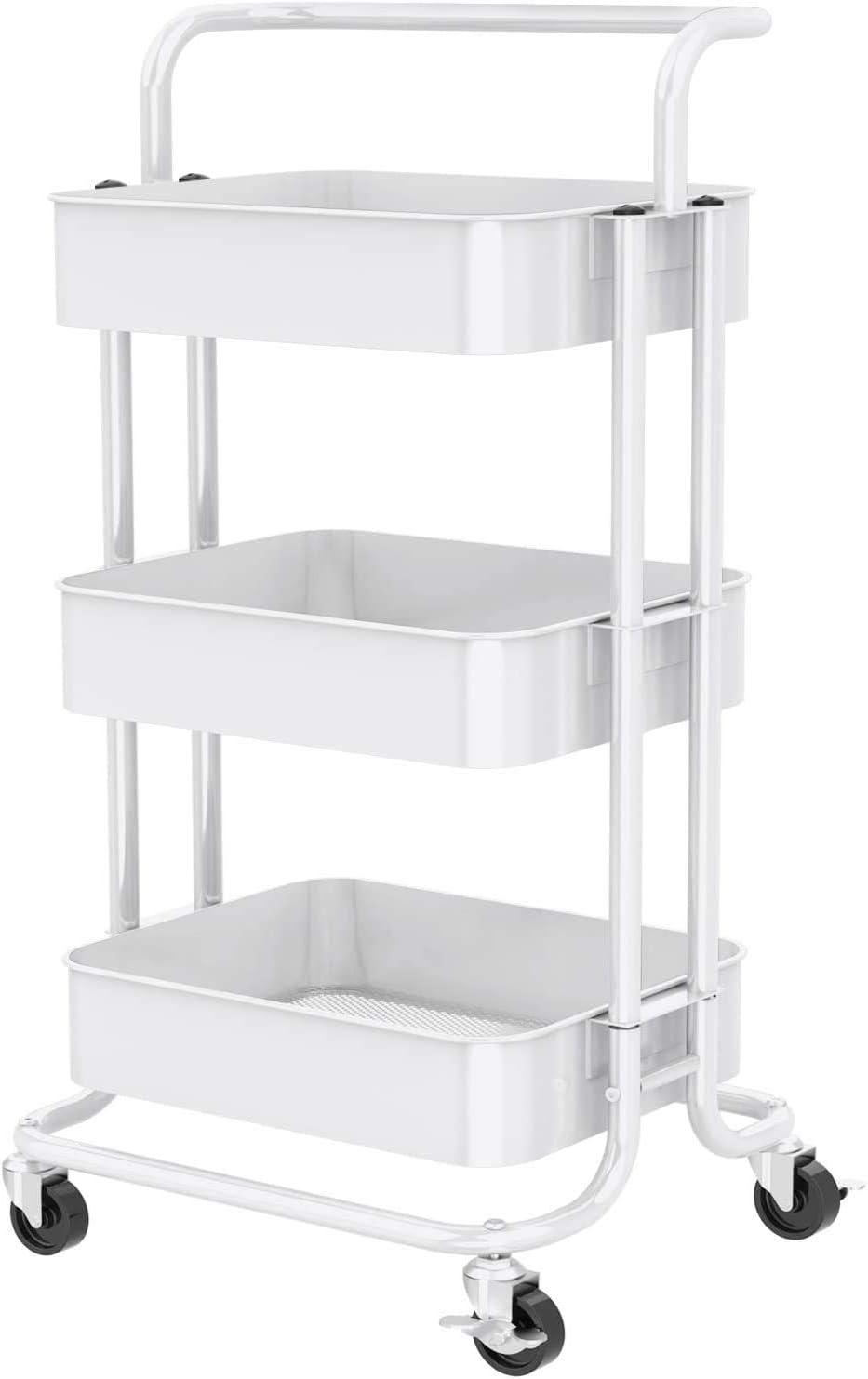 Pipishell 3-Tier Rolling Utility Cart, Multifunctional Metal Organization Storage Cart with 2 Lockable Wheels for Office, Home, Kitchen, Bedroom, Bathroom, Laundry Room (White): Home & Kitchen