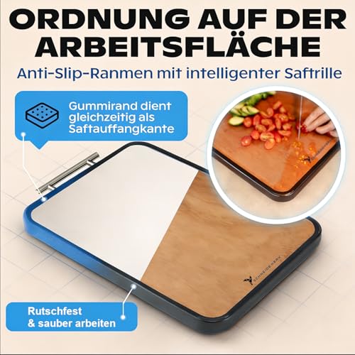 Double Sided Chopping Board Wood & Stainless Steel - 2-in-1 Kitchen Board | Non-Slip Cutting Board, Large with Juice Groove & Non-Slip Frame | Schneidewerk