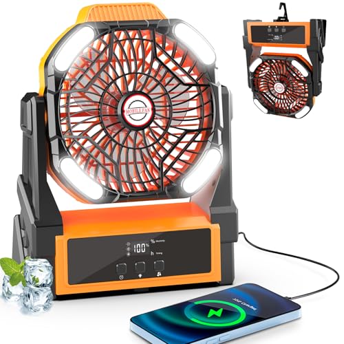 Sendowtek Camping Battery Fan 20000mAh Powerful Silent with LED Light and Hook 4 Adjustable Speeds Rechargeable Wireless USB Fan for Outdoor Tent Office