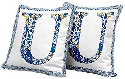 Wheelchair Cushion Cover Letter U,Azulejo Motifs Floral Typography Retro Mosaic Tile Design Graphic Initial,Blue Yellow Orange Outdoor Pillow Covers 18x18 INCH 2pcs