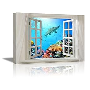 Glimpse into Deep Sea View of Coral and Sharks Out of Open Window - Canvas Art Wall Art - 24" x 36"