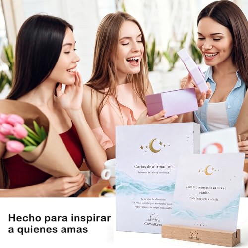 Cartas de Afirmación Positiva y Mindfulness, 52 Tarjetas con Expositor de Madera, Frases de Gratitud y Calma para el Estrés, Ritual Diario de Autocuidado, Regalo para Mujer y Hombre (Azul turquesa)
