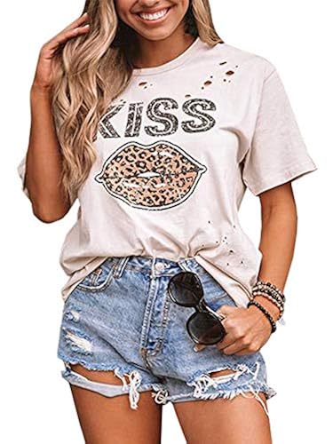 CCBSTS Womens Leopard Lips Print Kiss Tops Short Sleeve Hole T