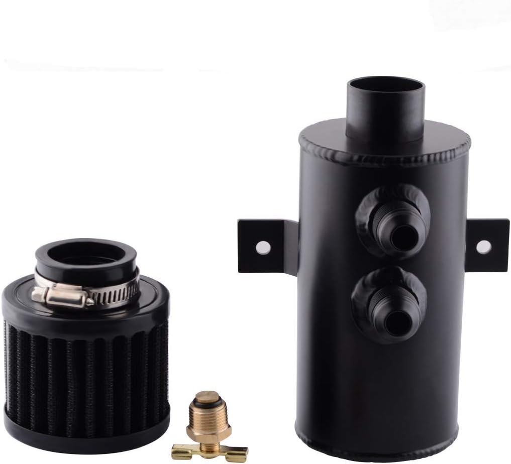 Black Soosee 0.75L Aluminum Baffled Oil Catch Can Breather Can Drain Valve W/Filter 2 Ports 12AN
