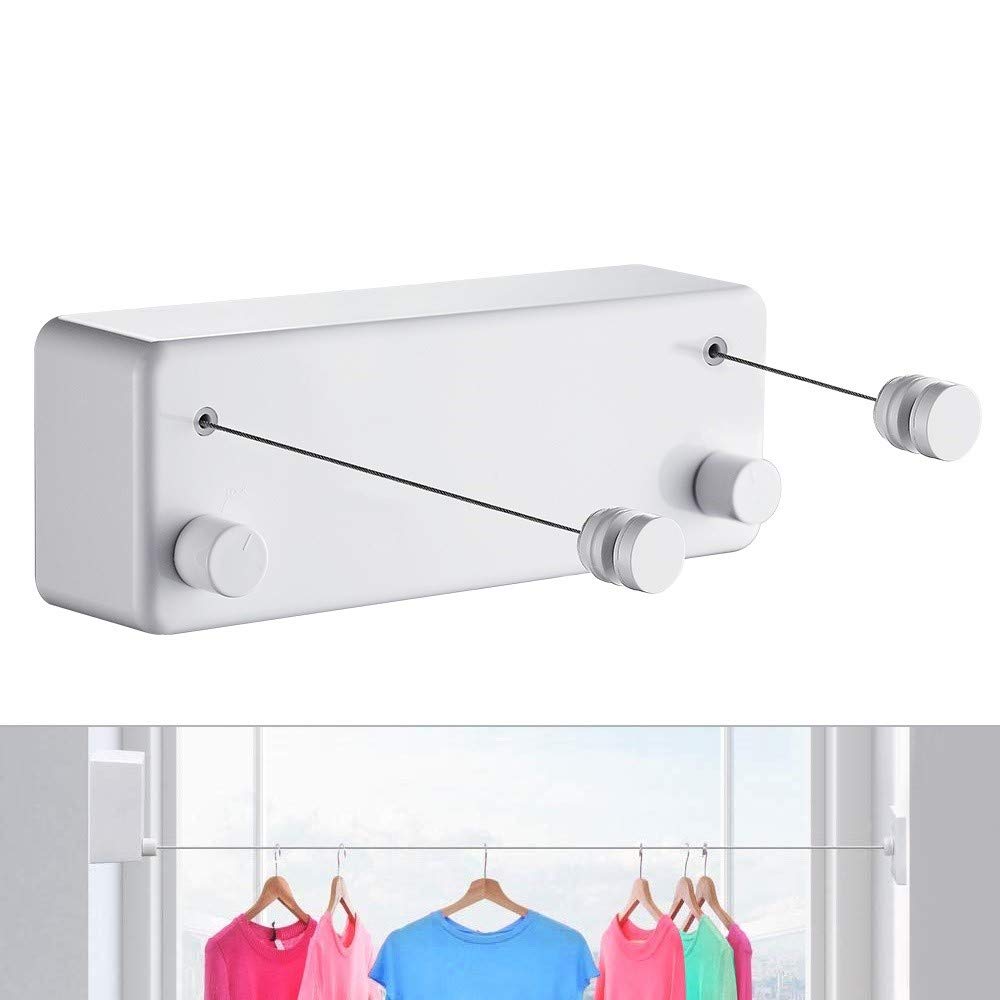 JOOM Retractable Clothesline Indoor/Outdoor Heavy Duty Stainless Steel Wall Mounted Laundry Line for Bathroom, Hotel Style - 2 x 4.2M (13.8ft), White