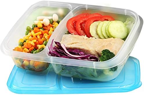 Keep Fresh [7 Pack] 2 Compartment Meal Prep Containers: Microwave & Dishwasher Safe, BPA Free, Reusable, Stackable, Portion Control Bento Lunch Box Food Containers + FREE Sauce/Dressing Tubs (7)