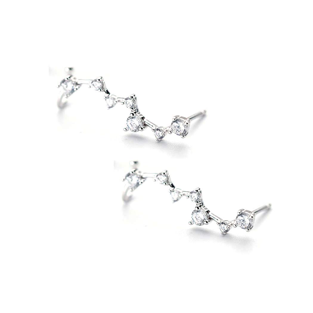 Women 925 Sterling Silver CZ Horoscope Zodiac 12 Constellation Astrology Ear Vine Crawler Post Earrings