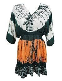 Mogul Womens Tie-Dye Mini Dress Embroidered Casual Elastic Waist Cover Up