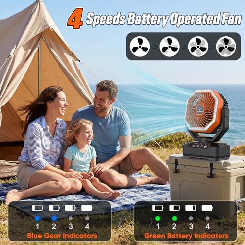 Camping Fan with LED Light, 20000mAh Rechargeable Automatic Vibration Fans for Outdoor Camping Tent with Remote, 4 Speed USB Desk Fan for Fishing, Picnic