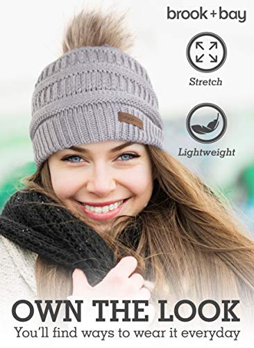 Brook + Bay Faux Fur Pom Pom Beanie for Women - Warm & Cute Cable Knit Winter Hats - Thick, Chunky & Soft Stretch Knitted Caps for Cold Weather - Stylish & Trendy Snow Beanies for Ladies - Thumbnail 4