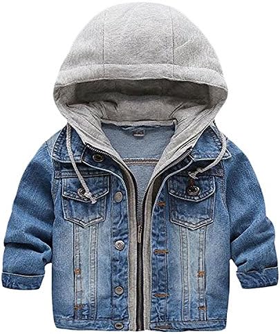 Kids Boys Denim Hooded Coat Lapel Zipper Denim Jacket Outerwear (2-3T, Blue)