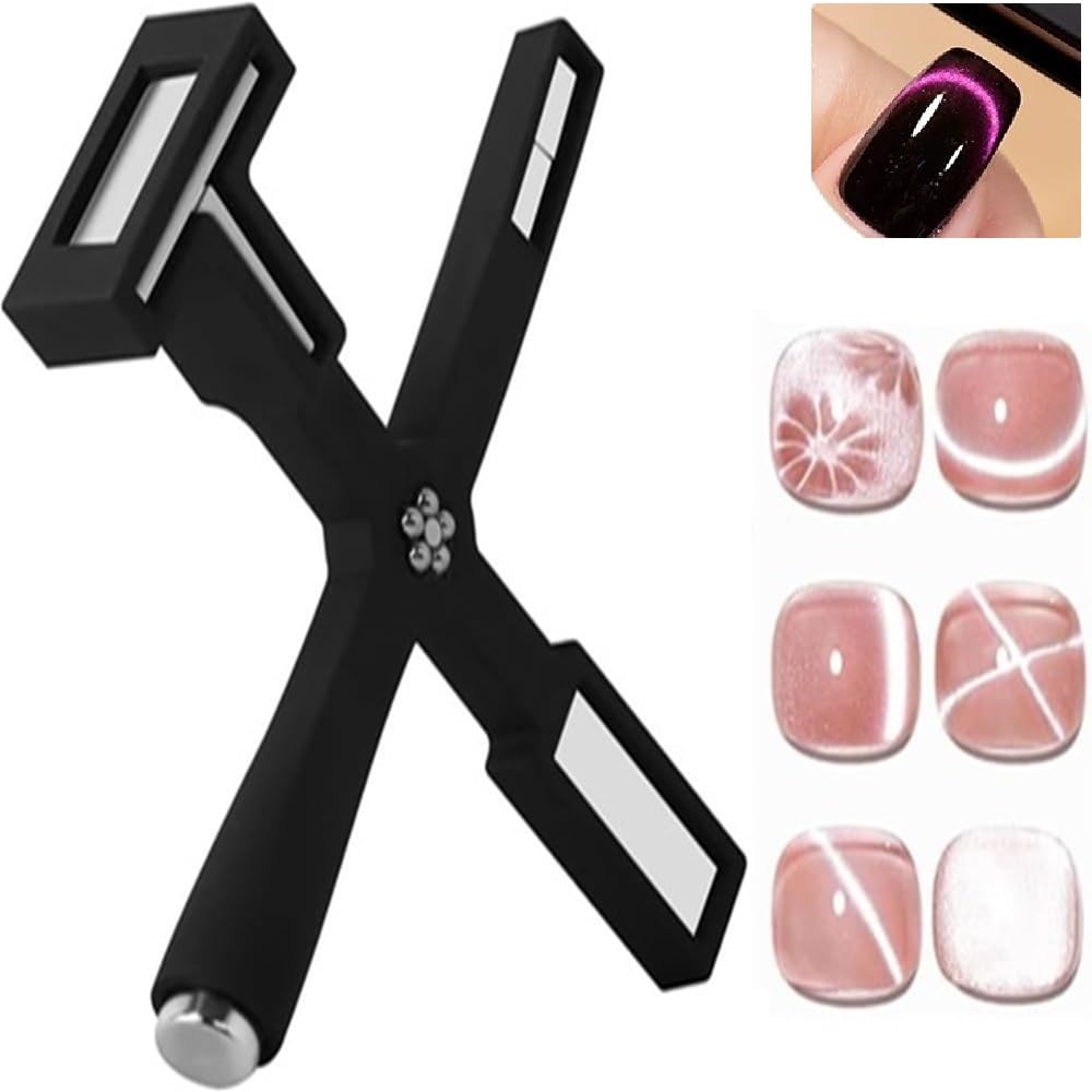 Nail Magnet Set, Multifunctional Cross Cat Eye Magnet for Nails with Silicone Protective Case, Magnetic Nail Polish Magnet Wand for Nails Cat Eye Nail Design Tools Nail Art Accessories (Black)