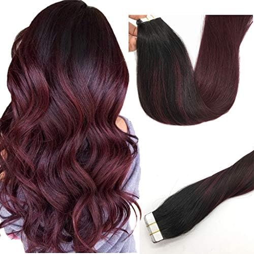 Misstar 20pcs Adhesive Tape in Human Hair Extensions Ombre Black to Red Real Balayage Human Hair Extensions Tape in 14inch 50g