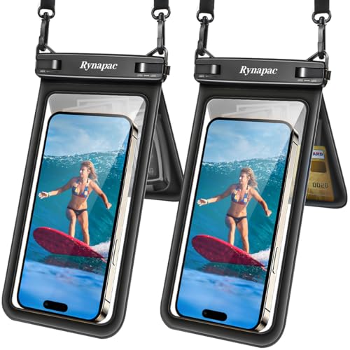Waterproof Phone Pouch, [Up to 8.5''] Double Space Waterproof Phone Case with Lanyard for iPhone 17 16 15 Pro Max Galaxy S25 Ultra, Cellphone Dry Bag for Beach Vacation, 2 Pack (Black & Black)