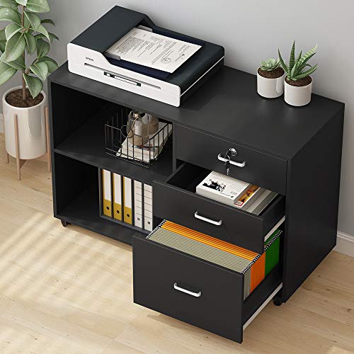 Tribesigns 3 Drawer Wood File Cabinets with Lock, Large Modern Lateral Mobile Filing Cabinets Printer Stand with Wheels, Open Storage Shelves for Home (Black with Lock)
