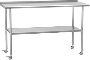 HOCCOT Stainless Steel Prep & Work Table with Adjustable Shelf, with Backsplash and Wheels, Kitchen Island, Commercial Workstations, Utility Table in Kitchen Garage Laundry Room Outdoor BBQ, 24" X 60"
