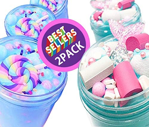 Parrotface Products Blue Butter Birthday Cotton Candy, Green Mermaid Ocean Mystery Slime 2 Pack Non-Sticky Stress Relief Foam Toy Scented DIY Putty Sludge Toy for Girls and Boys (7oz) 200ML