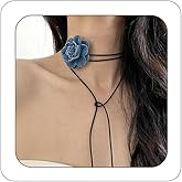 Bethynas Vintage Blue Denim Flower Choker Necklace Artificial Rose Floral Lace-up Necklace Long Wrap Leather Tie Neck Accessories for Bridal Summer Party for Women