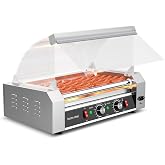 Leconchef Hot dog roller machine Commercial Grade Stainless Steel Electric 24 Hot Dog 7 Roller Grill Cooker Machine with Detachable Glass Cover、Dust cover and LED Lights, 1200-Watts