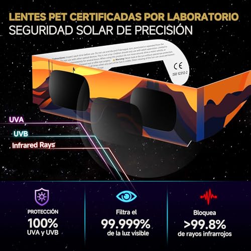 Paquete de 3/5/10/25 Gafas Eclipse Solar Homologadas ISO 12312-2 & Certificación CE - Seguras para la observación directa - Gafas para ver eclipses solares - AAS Lista - Eclipse total 2026