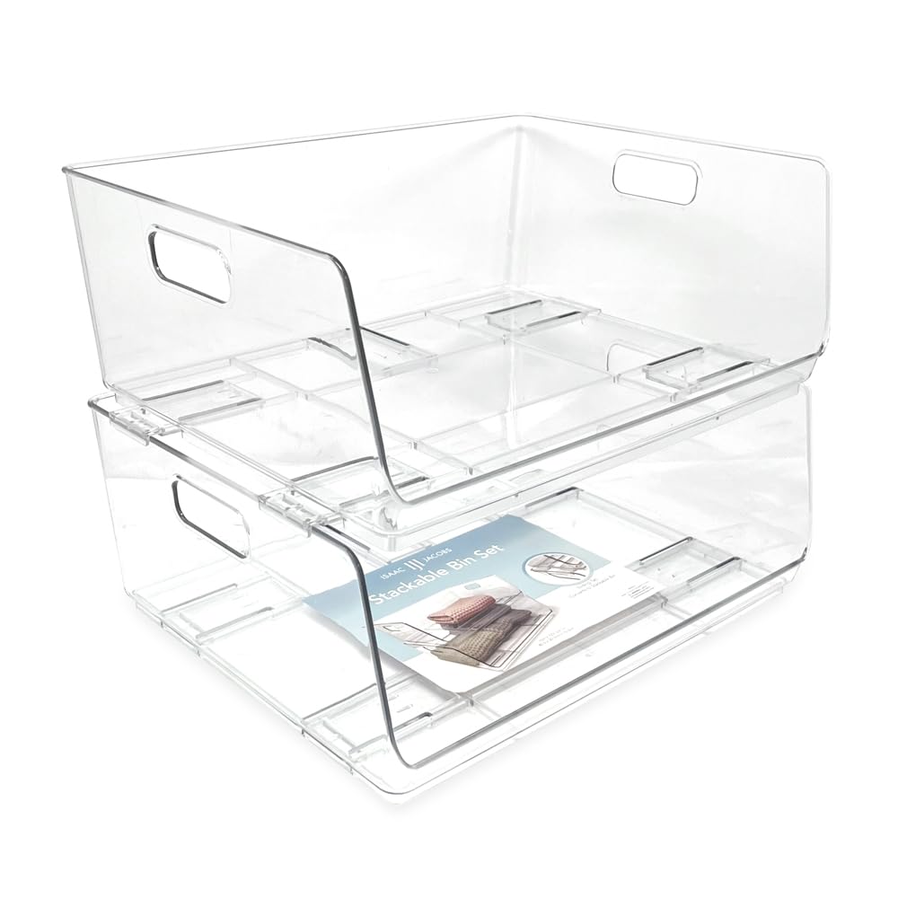 Photo 1 of Isaac Jacobs 2-Piece (16" x 12" x 6.1") X-Large Wide Stackable Clear Storage Bins w/Open Front, Versatile Use, Set of 2, Desk, Office, Bathroom, Bedroom, Closet