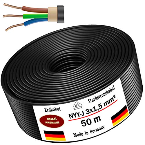 Erdkabel Stromkabel 50m NYY-J 3x1,5 mm² Elektrokabel Ring zur Verlegung im Freien, Erdreich (50m)